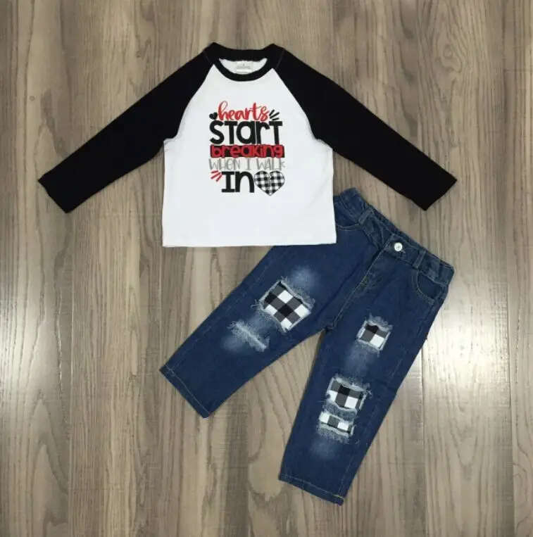 GirlyMax на зиму и весну для девочек сердца реглан в клеточку джинсы малышей Дня