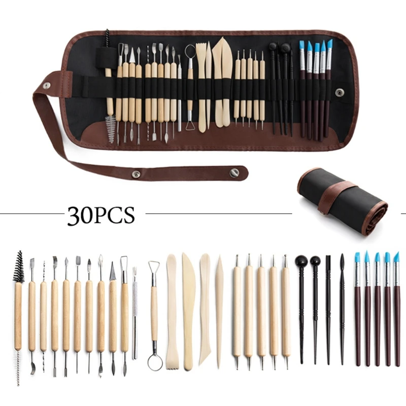 

30pcs DIY Clay Pottery Tool Set Drill Pen Ceramics Sculpting Carving Sculpture Craft Wooden Handle Modeling Kit