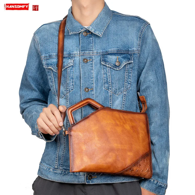 Vintage Leather Crossbody Bag Men Clutch Bag Large Capacity IPAD handbag Men Wallets Phone Pocket zip shoulder messenger Bags