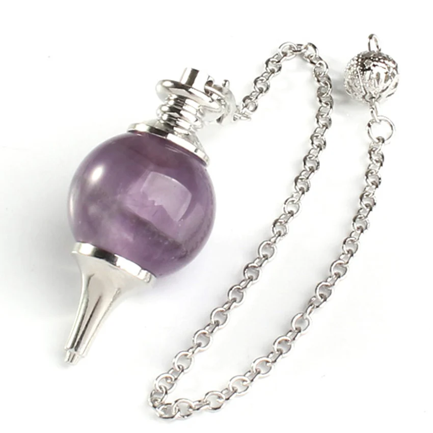 

Natural Purple Amethysts Silver Plated Pendulum Divination Dowsing Healing 7 Chakra Beads Chain Ball Stone Pendant 1 Pcs