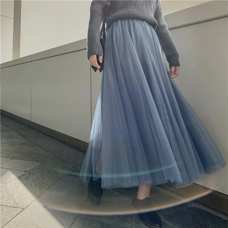 

NEW TingYiLi Elegant Tulle Skirt Autumn Winter Big Swing Women Skirt Korean Cute Pink Green Gray Blue Brown Black Long Skirt Tut