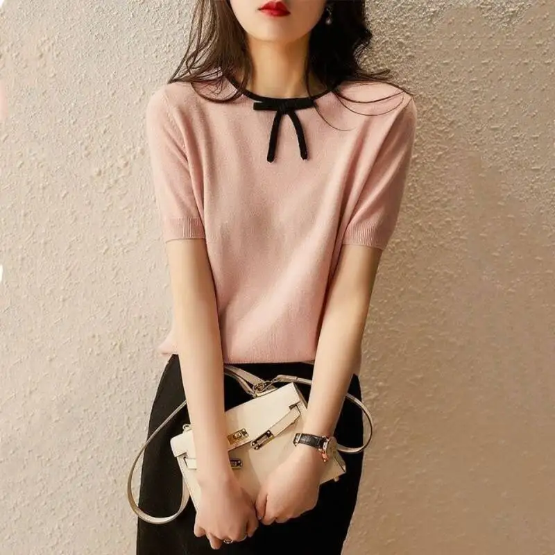 

Short-sleeved t-shirt summer hot sale women's bow short-sleeved bottoming shirt tops 2021 summer new trendy tops