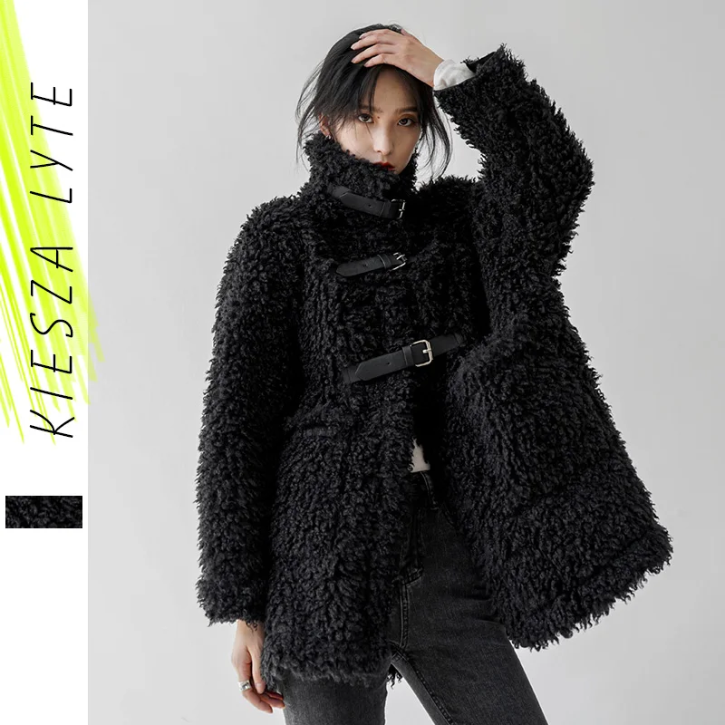 

Black fur Lamb Wool Coat for Women 2020 Winter Korean Style Loose Warm Heavy Woolen Coats Casual Jackets