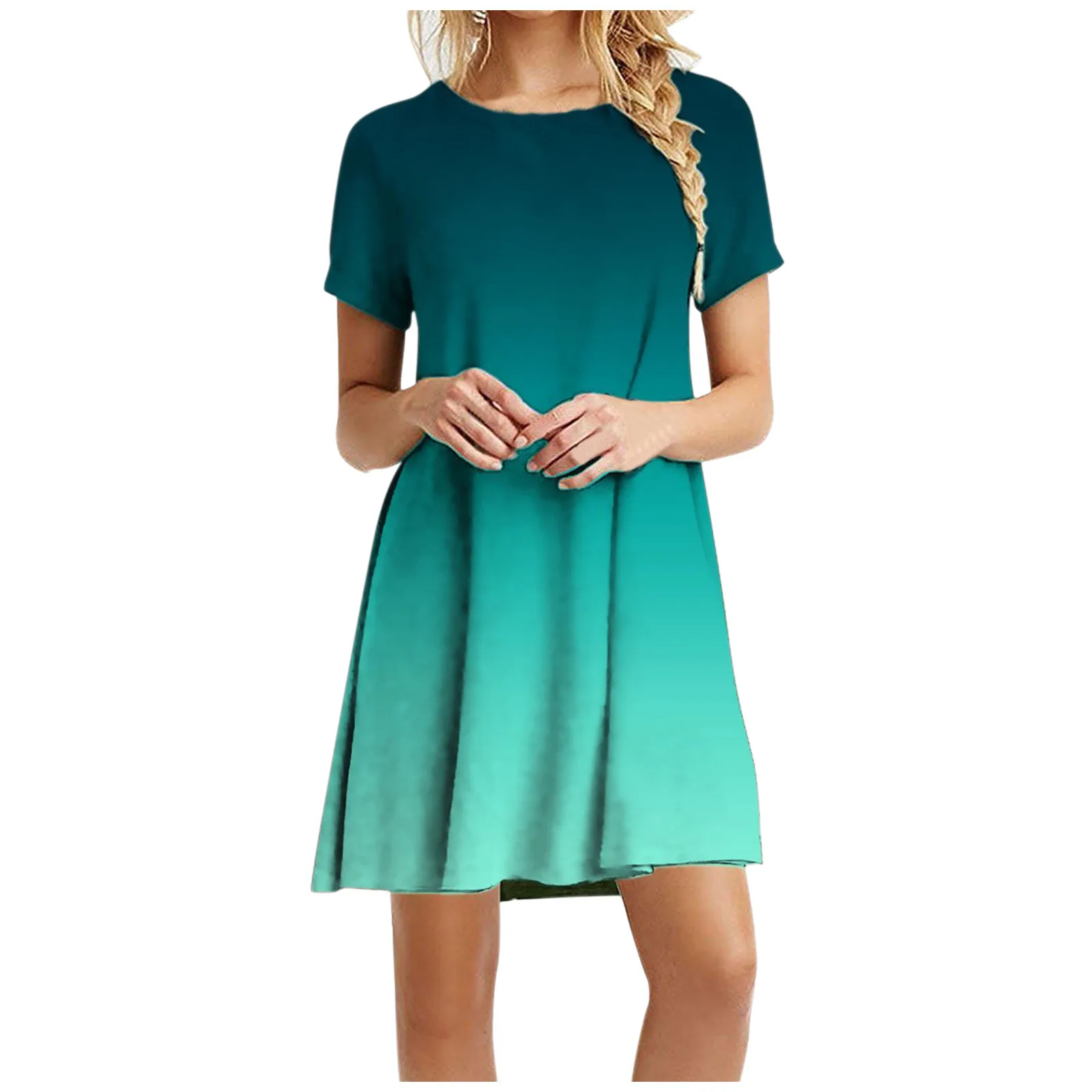 

Women Summer Casual Short Sleeve O-Neck Gradient Print Loose Mini Dress Women Dress