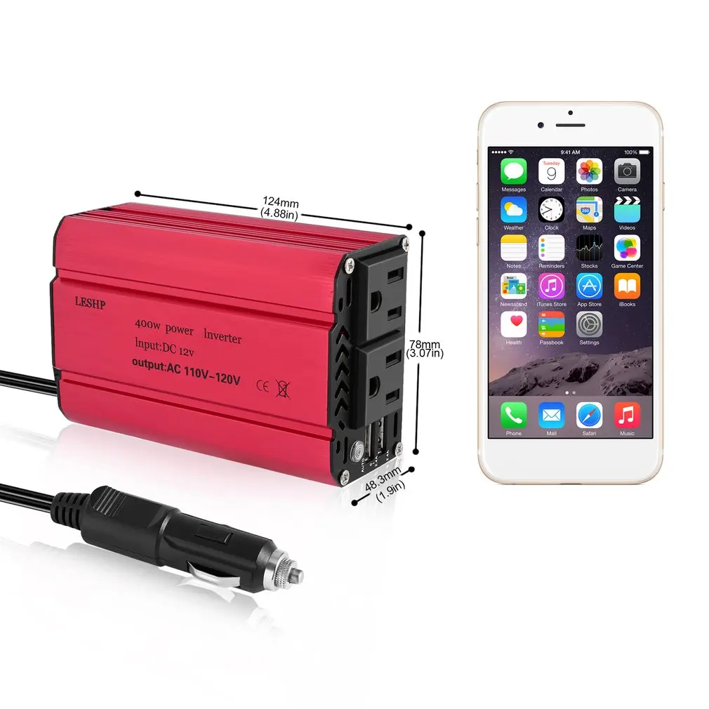 

LESHP Compact 400W Car Power Inverter DC 12V to 110V AC Dual USB Charging Ports with Car Charger Portable Converter