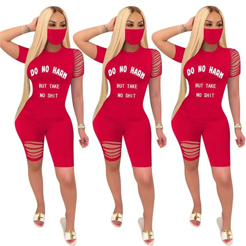 

Newest design solid color 2020 Summer Sexy Burn Out letter print 2 Pcs Track Suit Outfits Two Piece Set Women Clothing