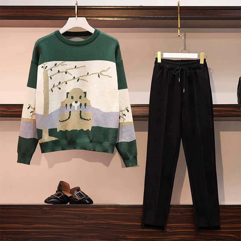 green and black SWEETXUE, вязанный комплект из 2 предметов, женский,, осень, зима, толстый, теплый, Круглый ворот, свободный свитер+ шерстяные штаны, костюм, мода для девушек - Цвет: green and black