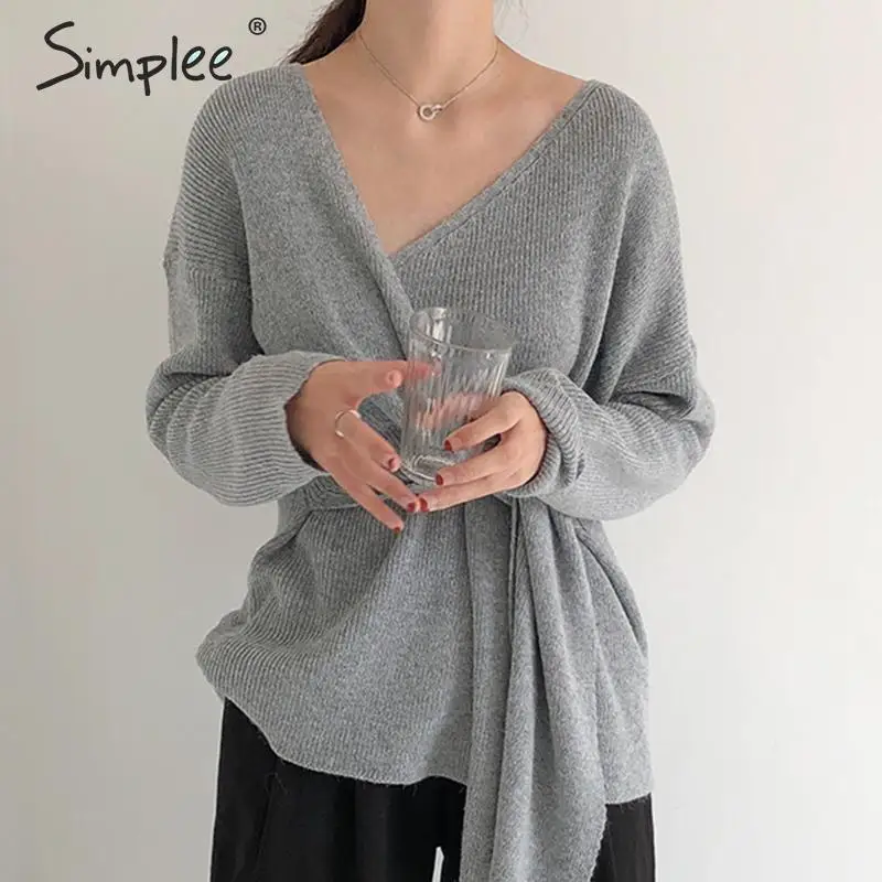 Simplee Casual bow tie plus size women sweater Elegant solid v-neck knitted jumper female Autumn winter pullover 2019 | Женская одежда