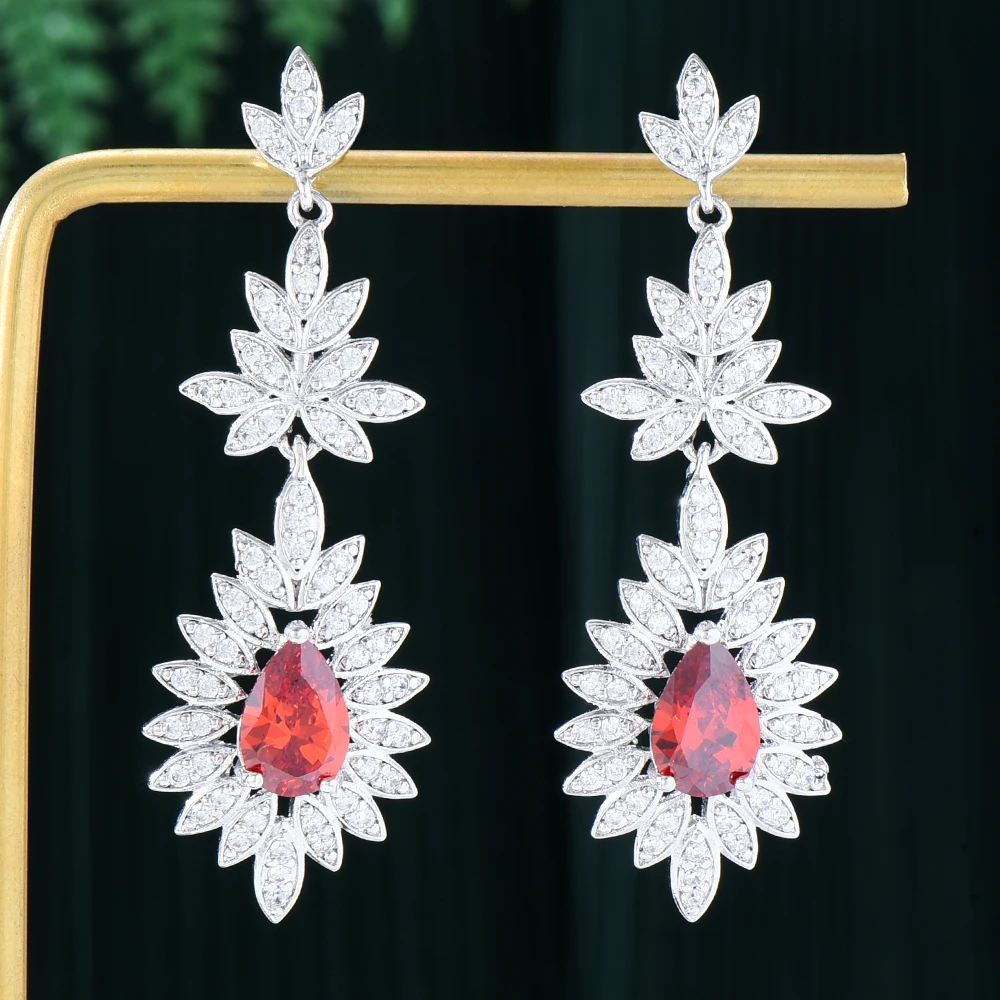 

JIMBORA Luxury Noble Red Long Pendant Earrings For Women Wedding Cubic Zircon CZ Engagement Party Indian earrings for women 2021