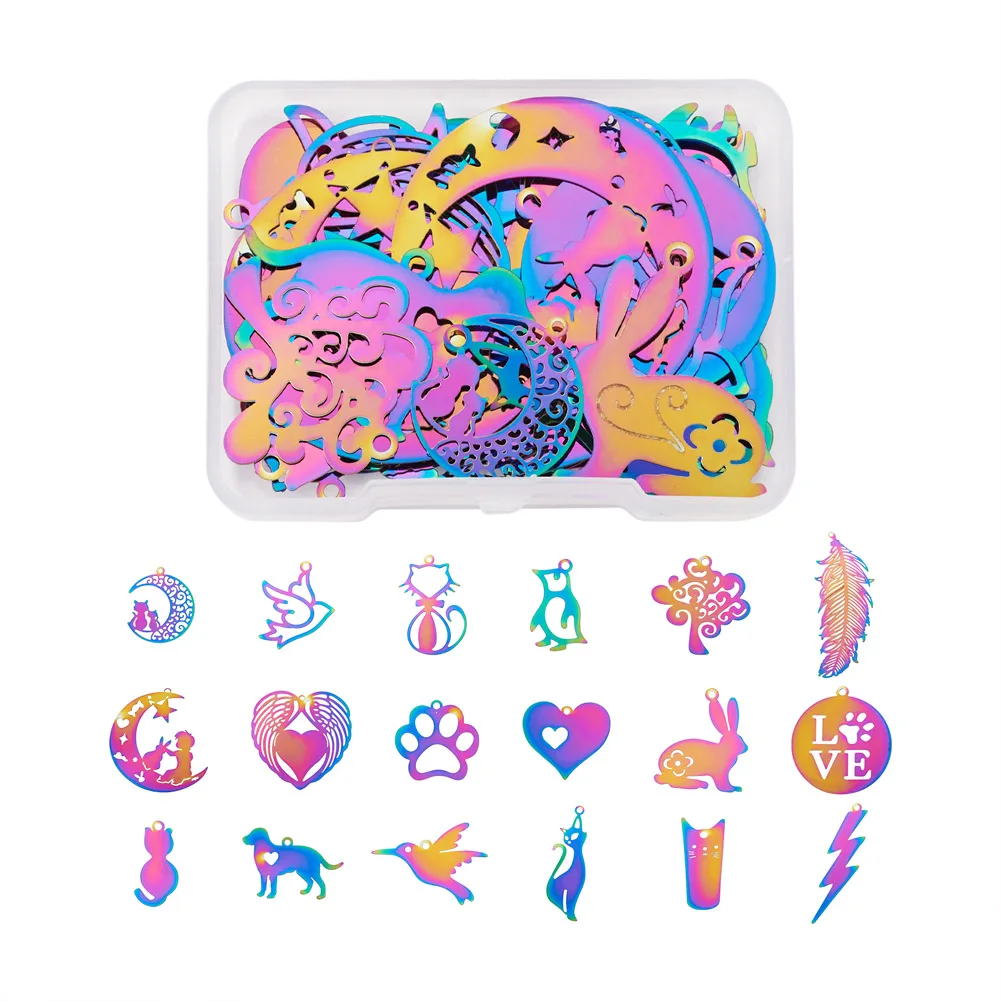 

24Pcs Colorful Stainless Steel Filigree Animal Pendants Hollow Moon Cat Bird Stamping Charm Earring Necklace DIY Jewelry Making