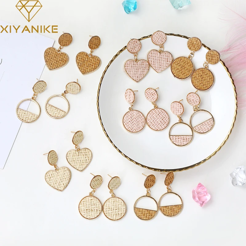 Женские плетеные серьги из ротанга XIYANIKE круглые подвески в виде сердечек