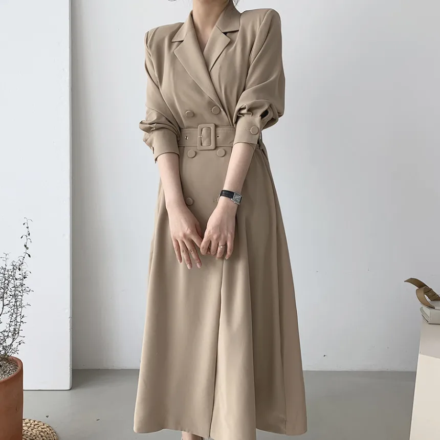 

2021 New Elegant Women Belted Trench Overcoats Notched Collar Double Breasted Trench Autumn Winter Windbreaker Long Trench Coats