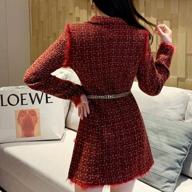 Женский твидовый костюм в клетку элегантный винтажный офисный пиджак с