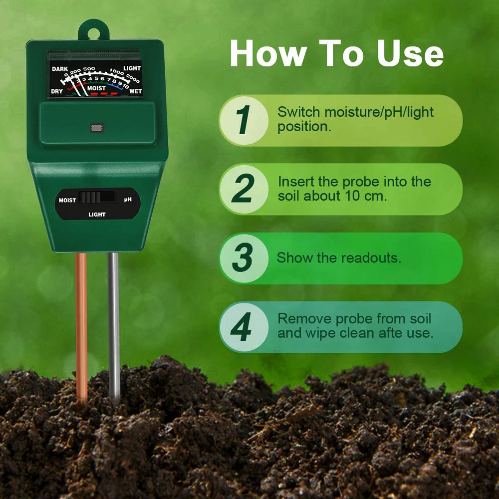 

Soil PH Meter 3 in 1 Soil Moisture Light Tester Garden Kit Indoor Outdoor Plant Gauge Lawns Soil Testing Probe Sensor Detector
