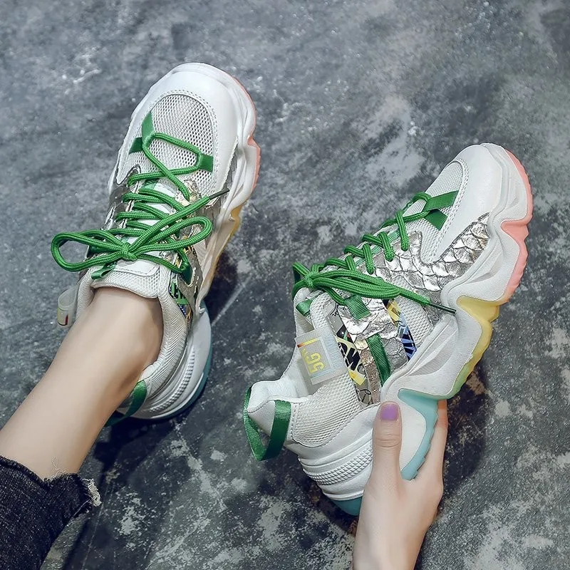 

Dlek Good Quality Women Chunky Sneakers Platform Lace-up Rainbow Bottom Python Print Sport Shoes For Lady With Plus Size