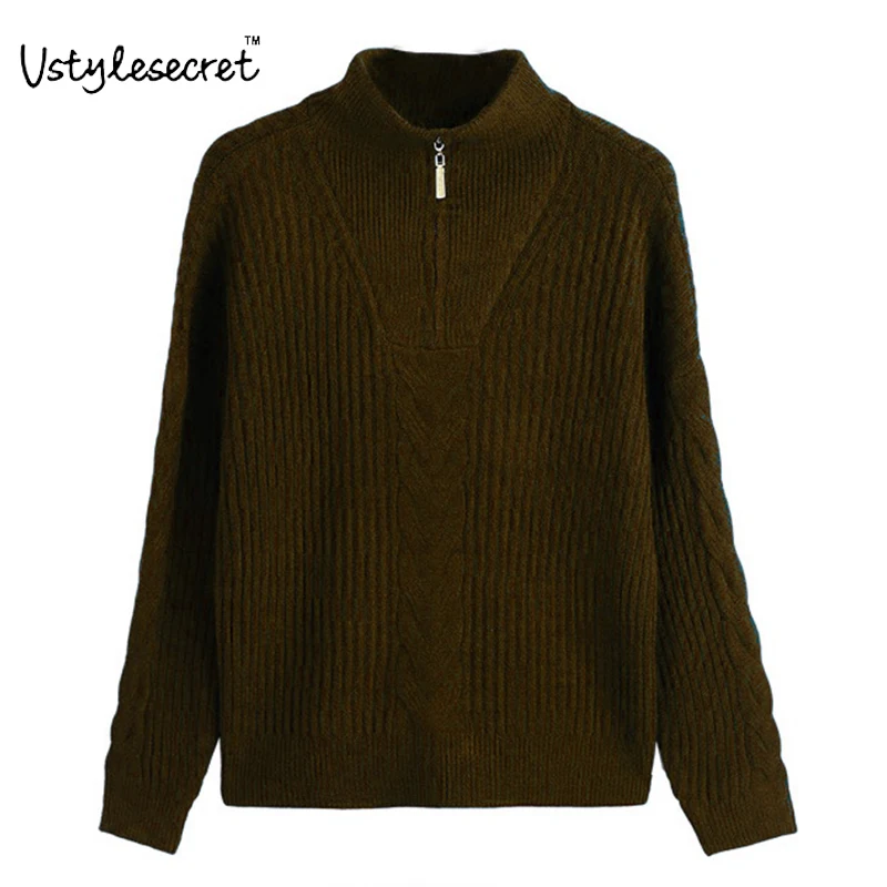 

Artificial Wool Knitted топ женский Stand Collar Zipper Design Women Sweater England Style Poleras Mujer Winter Tops U11033