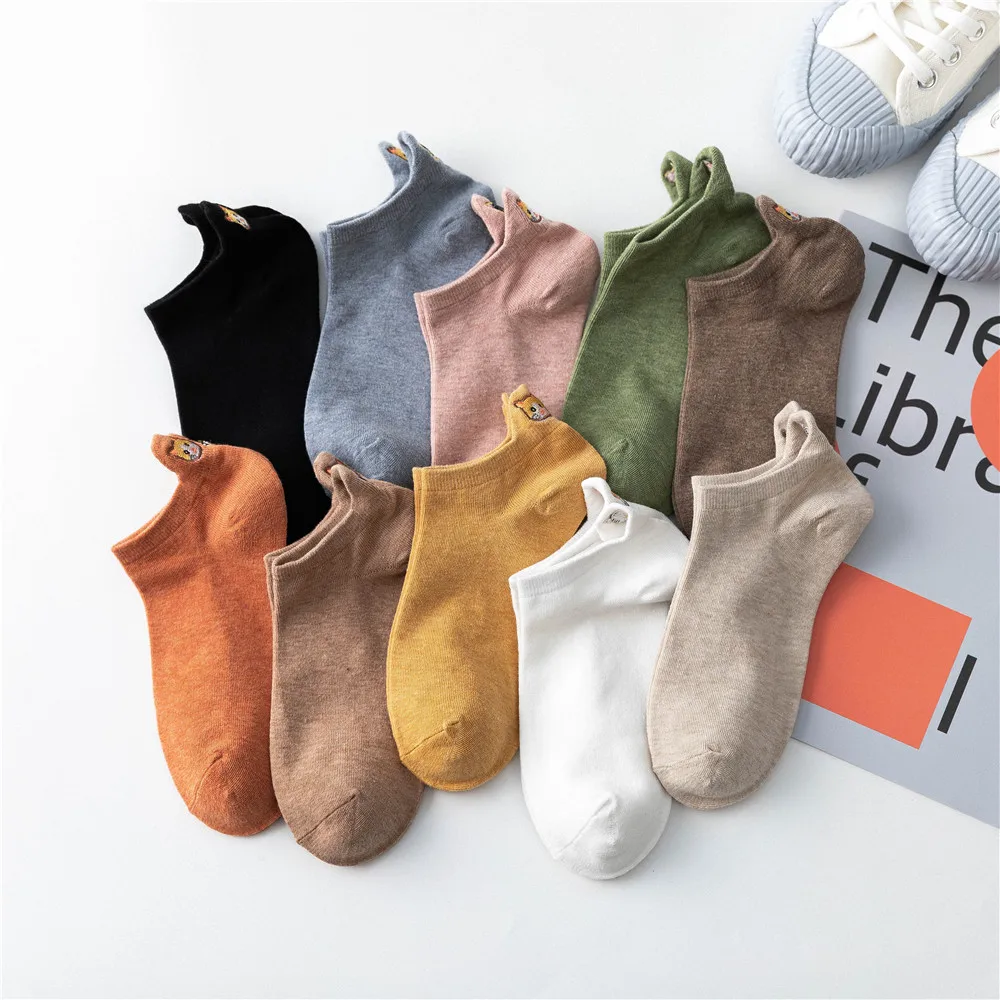 Spring And Summer Cotton Women Fashion Socks Boat Colorful Female Shallow Mouth Short Heel Socks Cat Embroidery For Girls