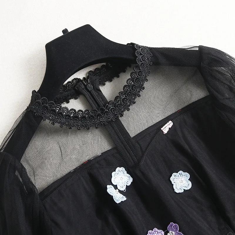 

High Quality Fashion Runway Designers Flower Embroidery Long Mesh Dress Women Spring Clothes Transparent Sexy Party Vestidos