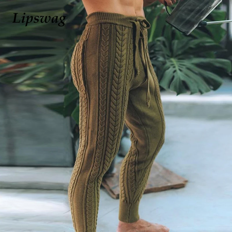 

Autumn Winter Men Fashion Slim Fit Knitted Pants Casual Zipper Jogging Trousers Men's Mid Waist Drawstring Pants 2021 Streetwear