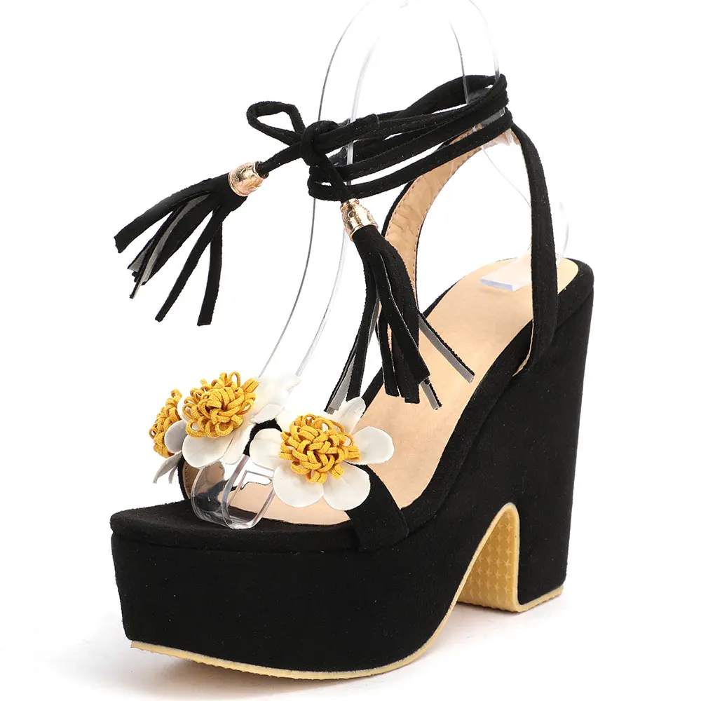 

BONJOMARISA 2021 Fashion Ladies Open Toe Platform Floral Lace Up Gladiator Sandals Women Chunky Party Wedding Dress Summer Shoes