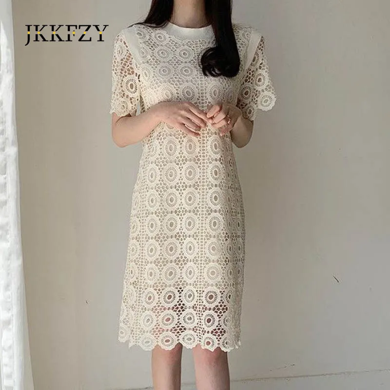 

Summer Lace Dress Woman Retro Chic White Hollow Out Hook Flower Dresses Female Casual Party Clothes