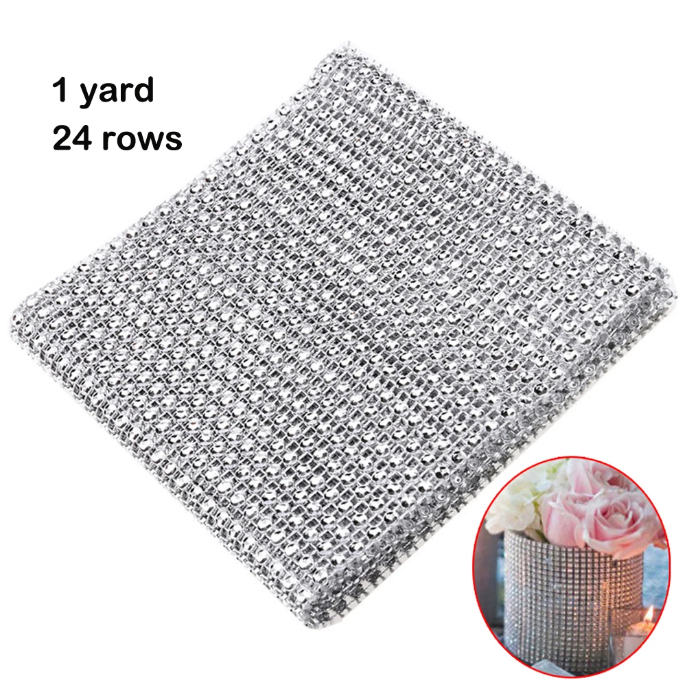 Ярд 8 24 ряда Bling Diamond mesh wrap лента Серебряная сетчатая рулонная лента со стразами Тюль Хрустальная лента Торт свадебное украшение - Цвет: 1yard 24rows silver