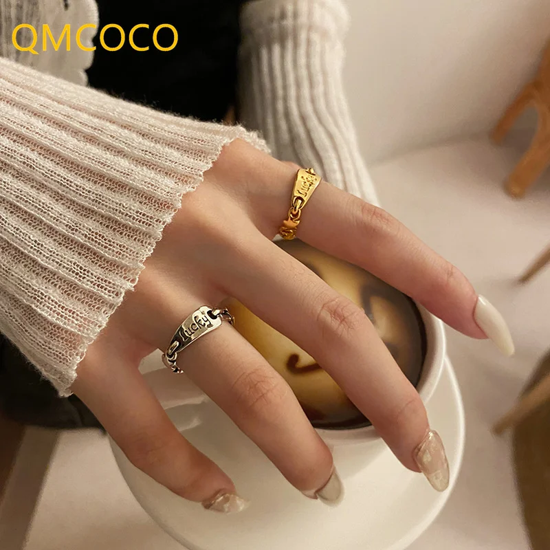 

QMCOCO 925 Серебряный дизайн английская надпись счастливые кольца для женщин Модные Винтажные Chian пятиконечные звезды Праздничная бижутерия с ...