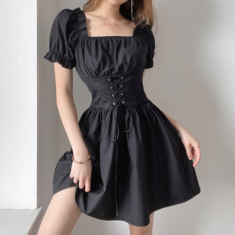 

Vintage lace up short black corset dress Women puff sleeve elegant bandage summer dress Female ruffle sexy party club dresses