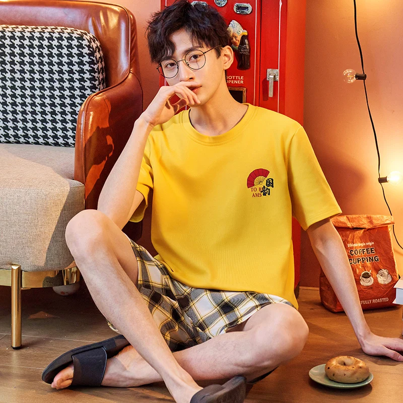 

Fashion Yellow Chinese Style Pajamas Set For Men Cotton Short-Sleeved Homewear Men's Summer Thin Leisure Loose Plaid Sleepwear