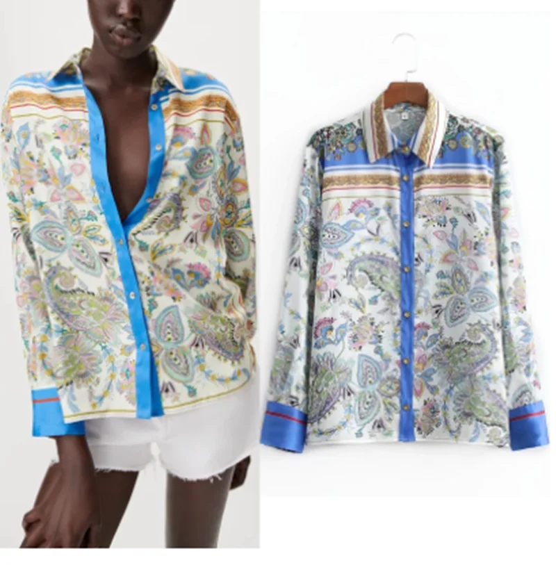 

Women Blouse Za Vintage Print Button Up Shirt Woman Long Sleeve Top Female Autumn 2021 Streetwear Loose Causal Blouse