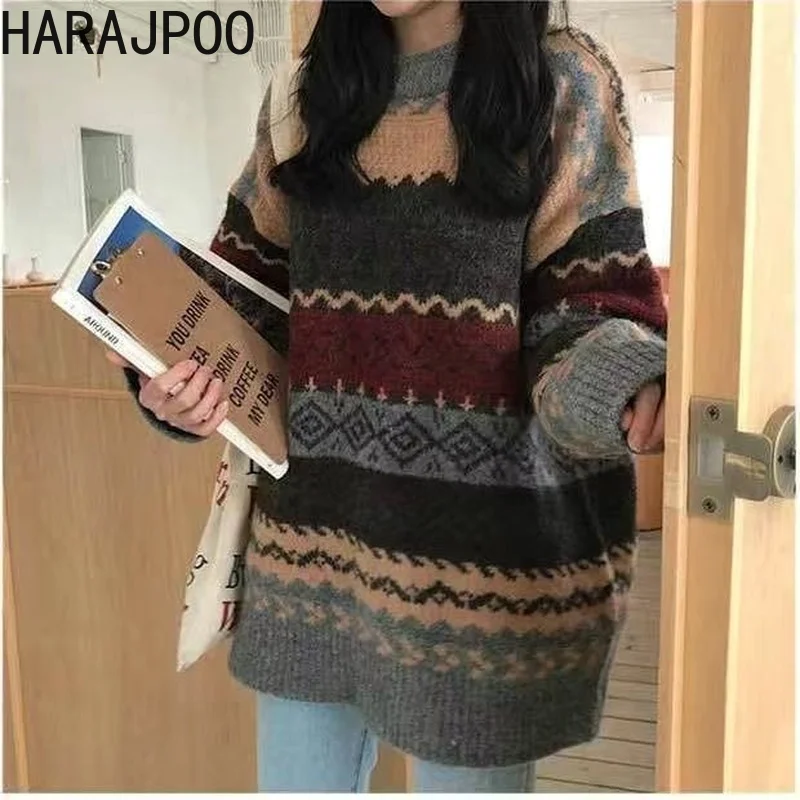 

Harajpoo Female Pullovers Loose Student New Korean 2021 Style Retro Lazy Korean O Neck Sweater Fashion Fall Spring Harajuku Oaf