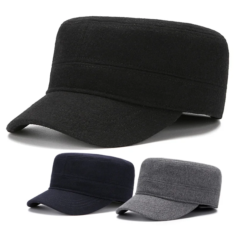 

Dad Winter Felt Leisure Navy Hat Male Fitted Flat Top Hat Man Outdoors Warm Wool Big Size Military Cap 56-60cm 60-65cm