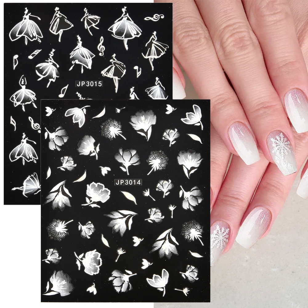 

2021 5D White Lace Flowers Nail Stickers Leaf Ballet Geometry Butterfly Gradient Abstract Self-Adhesive Nail Design Slider Decor