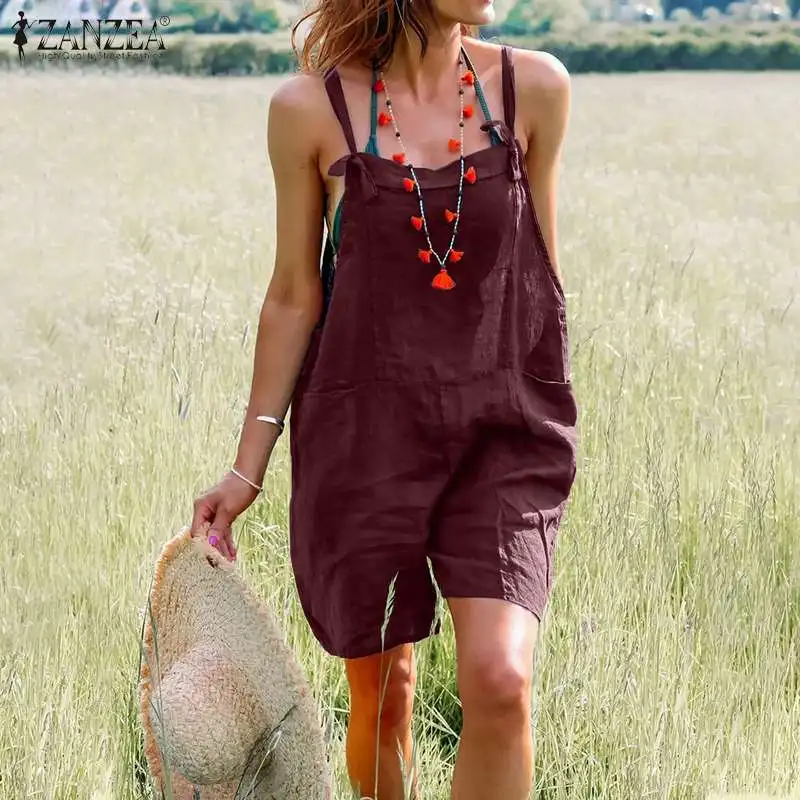 

Women Straps Solid Jumpsuits Stylish Suspenders Holiday Beach Playsuits ZANZEA Summer Maxi Overalls Casual Baggy Rompers Overall