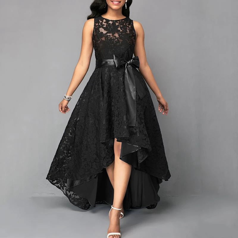 Wipalo Women Plus Size Vintage Sleeveless High Low Hem Belted Lace Party Dress Waist Solid Maxi S 5XL Ladies Vestidos|Женские платья| |