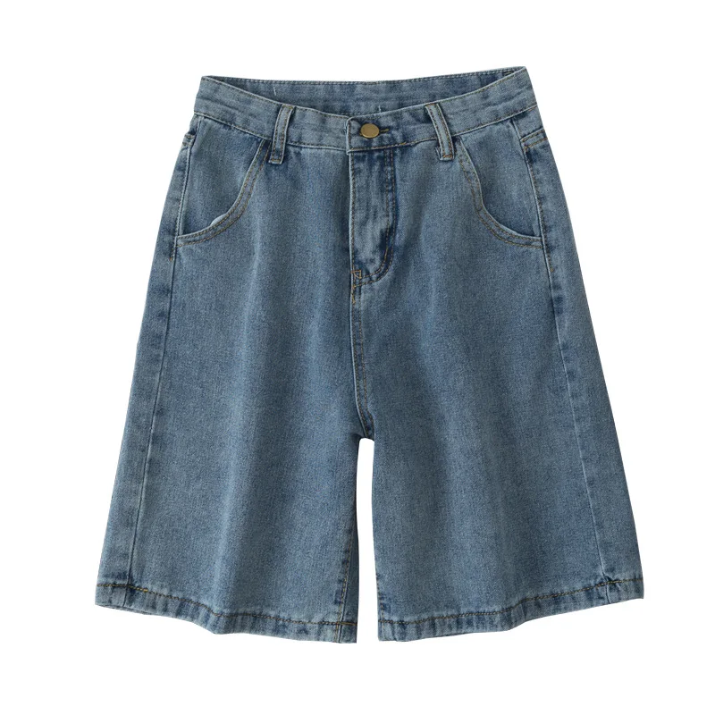 

Summer High Waist Blue Wide Leg Denim Shorts Women Casual Solid Streetwear Stright Jeans Bermuda Shorts Female