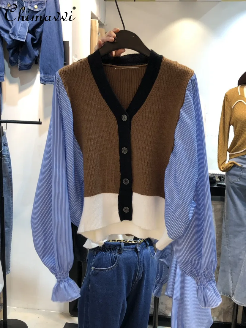 

Oversized Shirt White Blouse for Women Clothing Female Blouse Woman Novelty 2021 Autumn Striped V Neck Patchwork Knitted Top