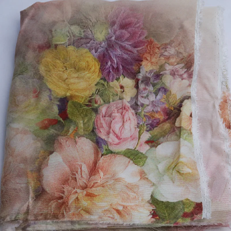 Шелковый шифон с розовыми цветами непрозрачный утолщенный размер 140x100com тканевый