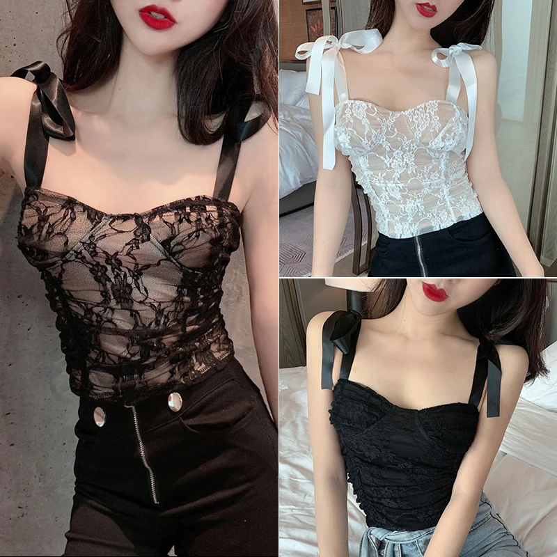 

Spaghetti Strap Sleeveless Lace tanks Top Women Tops shirts Summer Thin Bow Camisole Female lace V-neck Sexy Party Shirt Women