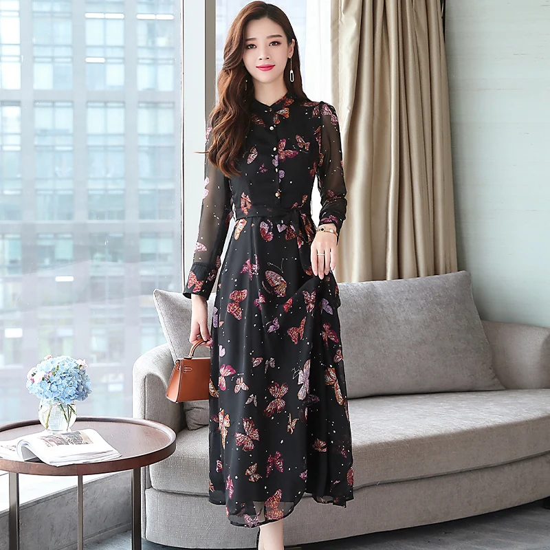 Женская осень и зима новое ретро цветочные миди XL шифоновое платье большого