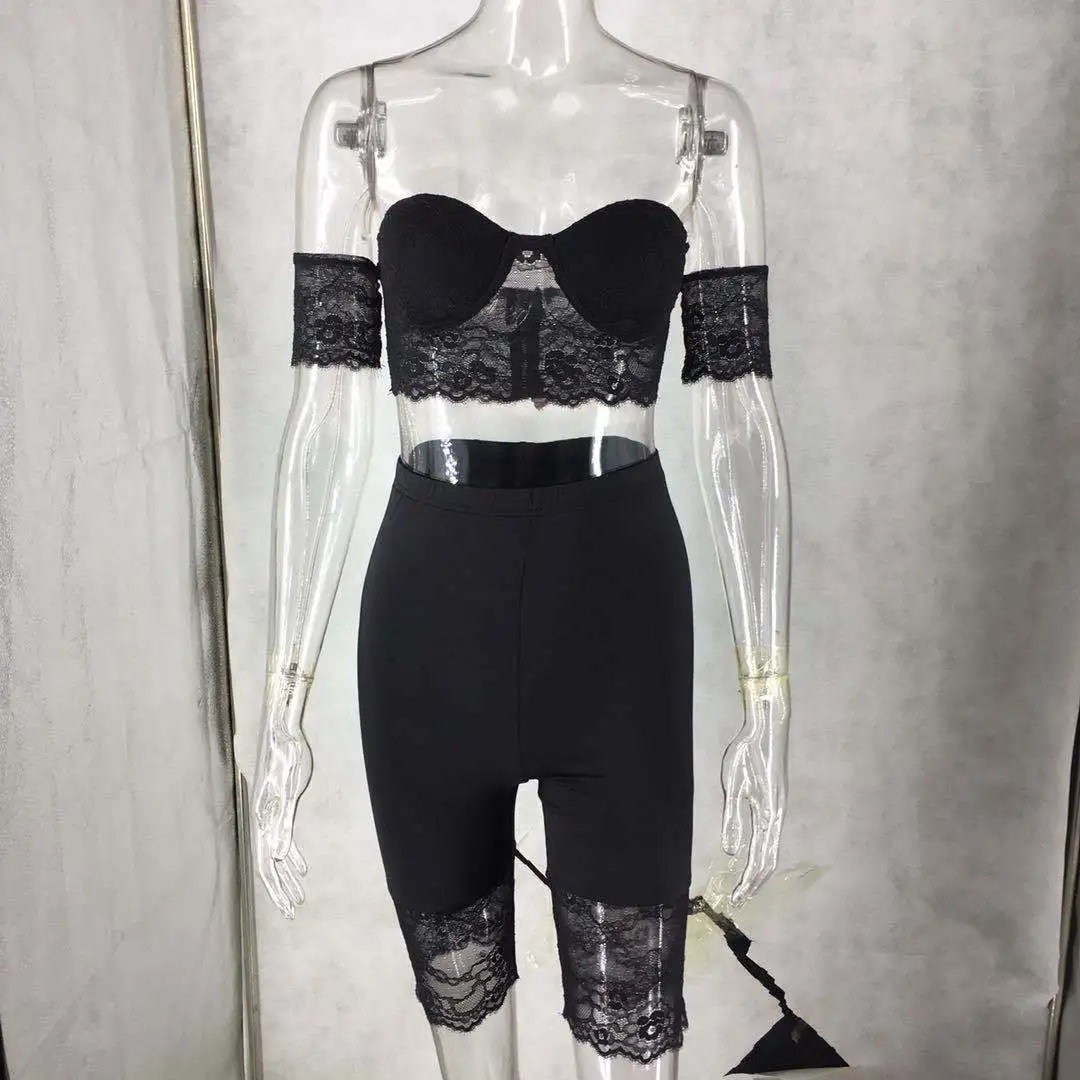 Женский комплект из 2 предметов кружевной короткий топ с вырезом лодочкой и шорты