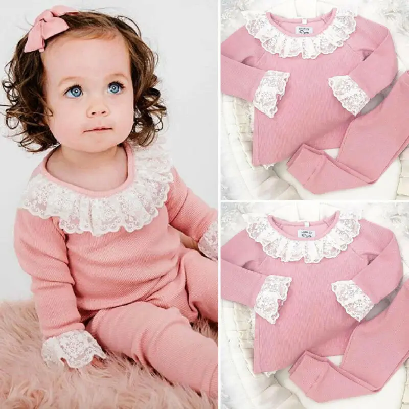 2 шт. кружевная футболка с оборками и леггинсы для девочек|Комплекты одежды