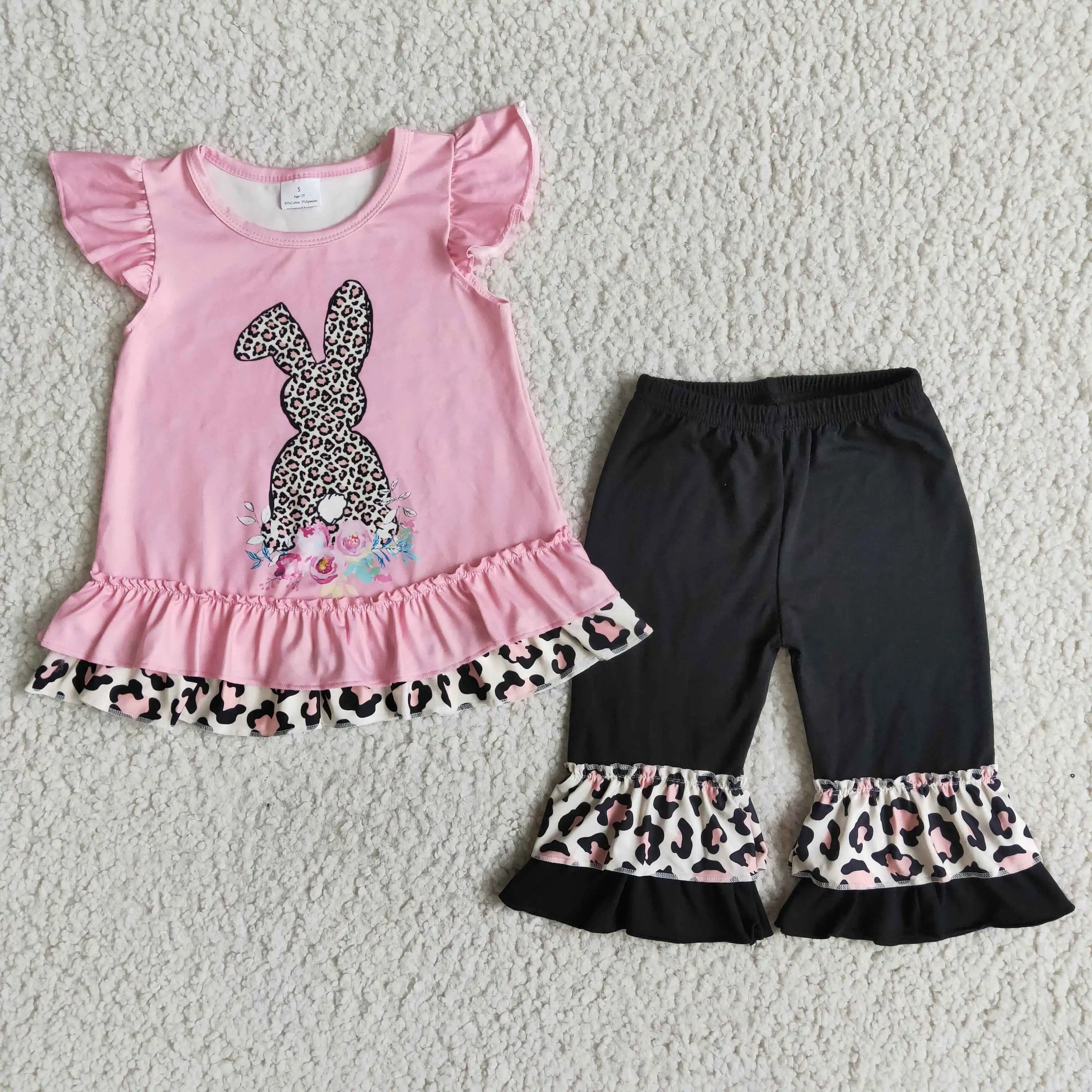 

2pcs girl outfit short sleeve t-shirt black pants set rabbit pattern children fall Easter outfit girls set kid's clothing sets