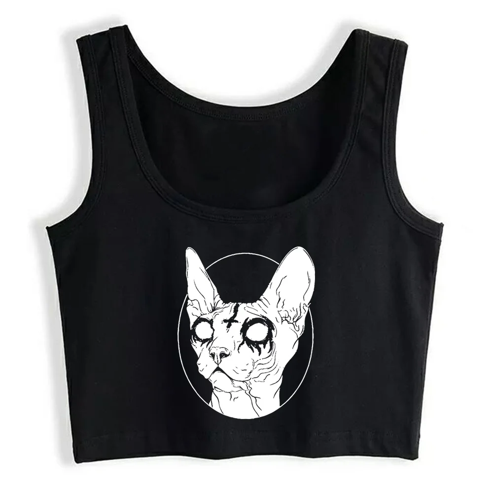 

Crop Top Women Sphynx Catan In White Gothic Harajuku Grunge Emo Tank Top Female Clothes