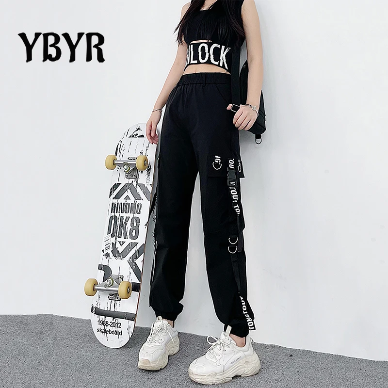 

Streetwear Cargo Pants Women Casual Joggers Black High Waist Loose Female Trousers Korean Style Ribbon Ladies Pants Hip Hop
