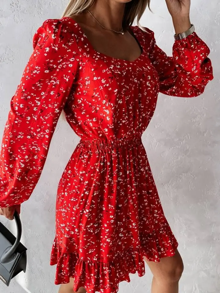 

Женское платье-трапеция с принтом, облегающее платье с оборками, квадратным воротником и длинными рукавами-фонариками, весна-осень