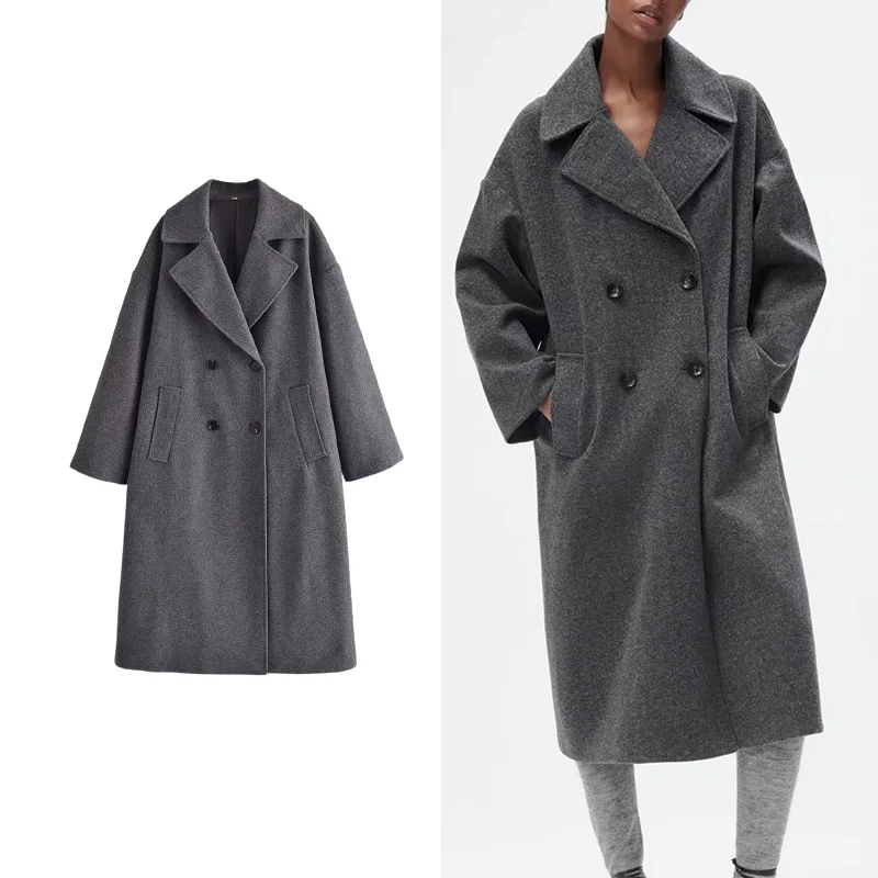 

TRAF Za 2021 Overcoat Women Fashion Pure Color Double Breasted Coat Woolen Cloth Long Sleeve Female Outerwear