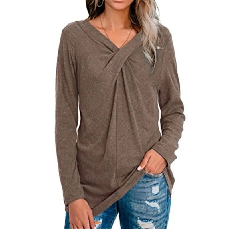 

New Long Sleeve T-Shirts Women Cotton Tops Spring Autumn Street Loose Tee Female Twist Together V-Neck Fashion T-Shirt 2XL Top