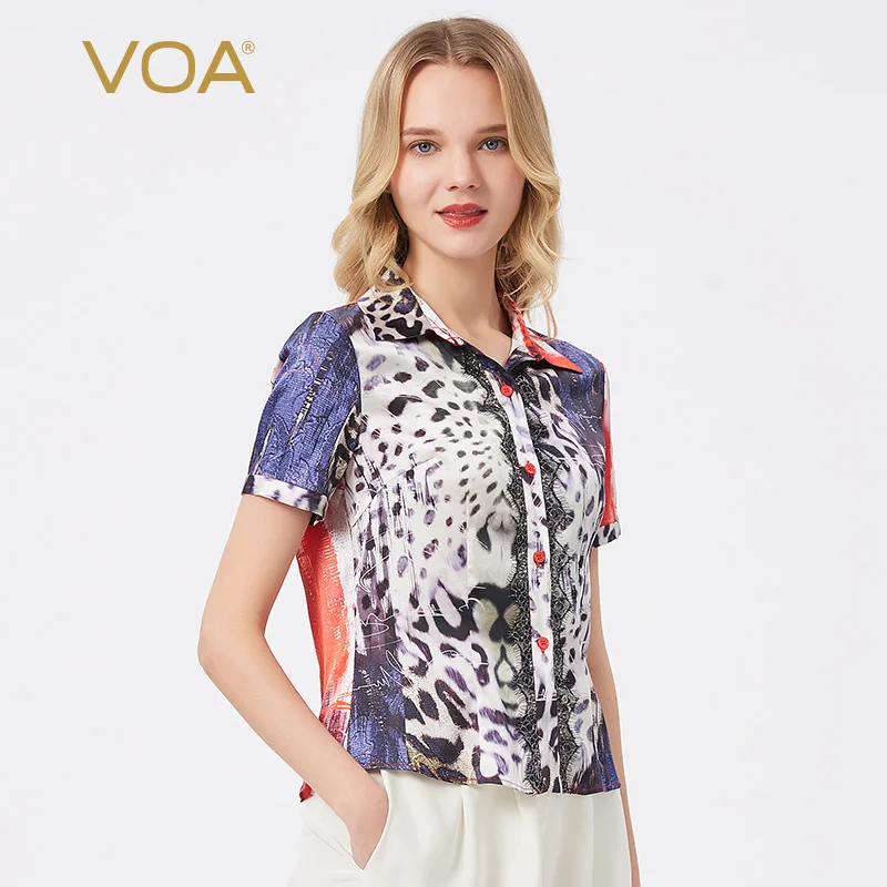 

VOA/шелковая черно-белая рубашка с короткими рукавами и контрастными пуговицами с отворотами из тутового шелка красного и синего цвета, BE16