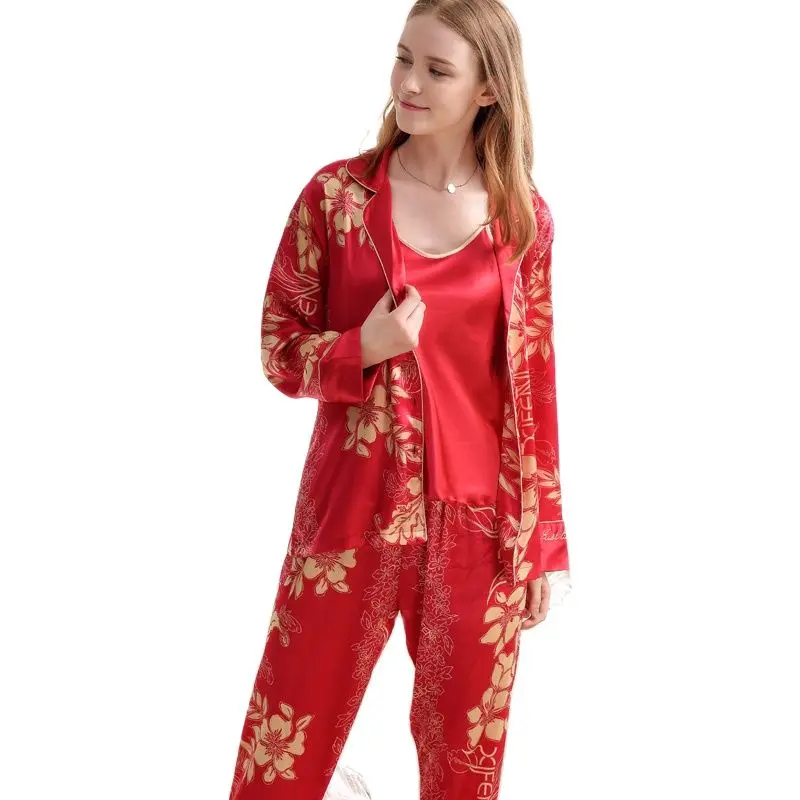 Шелковая пижама женская модная атласная с принтом пикантная длинным рукавом